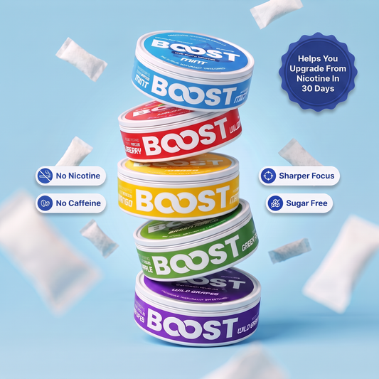 A stack of six Boost Nicotine pouches in different flavors (White, Cherry, Lemon, Green, Gold Cropper, Grapefruit) arranged in a tower on a light blue background with floating pouches and promotional text badges.